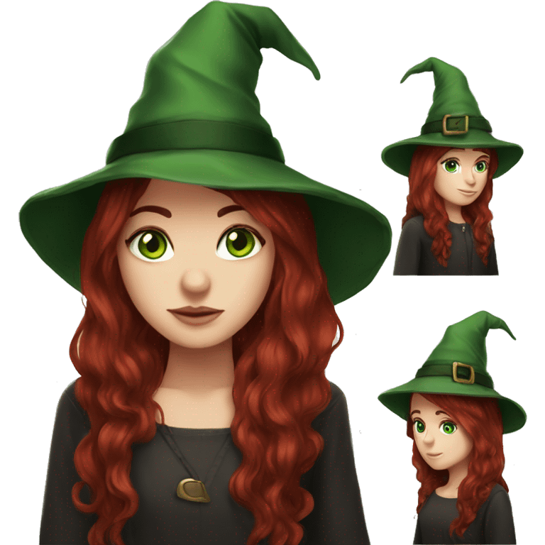 White girl long dark red hair green eyes green witch hat emoji