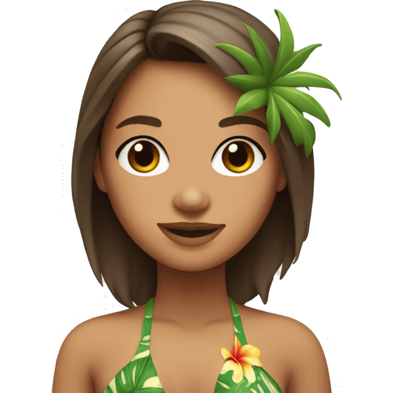 White hula girl with shoulder length brown hair, brown eyes and with a tropical bikini top emoji