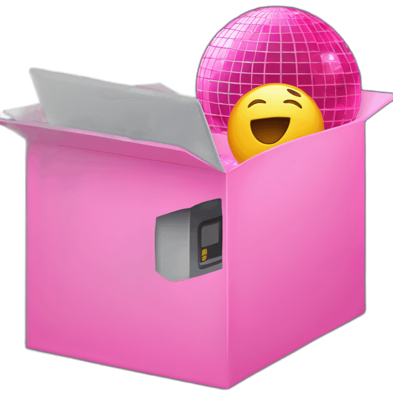 Inside a pink box, the letter "u" is in the middle, and disco ball, laptop emojis peeking out from around the box. emoji