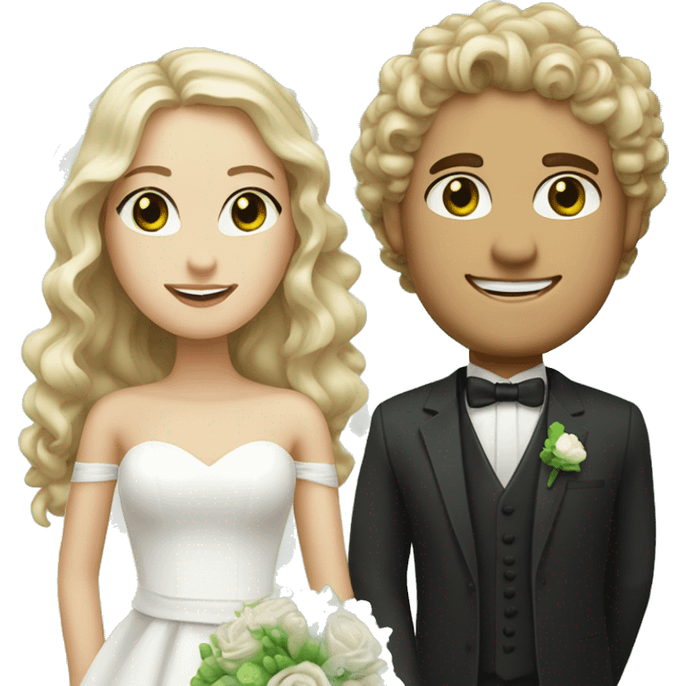 Bride with curly blonde hair and green eyes and white skin and groom with brown hair and green eyes and white skin emoji