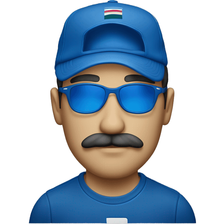 Homme européen yeux bleus avec une moustache portant des lunettes bleues  une casquette jordan bleu un survêtement bleu emoji