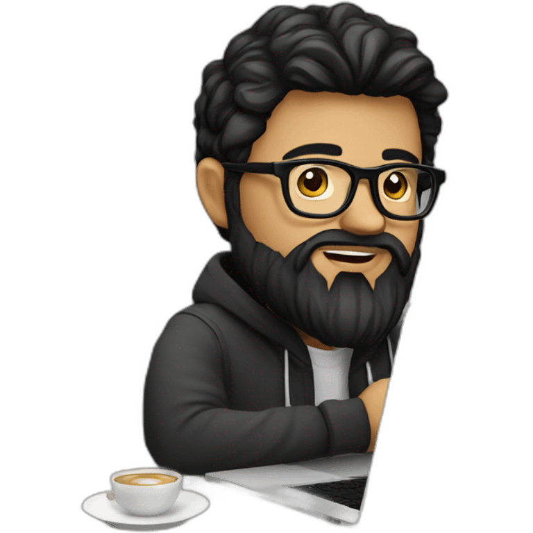 Designer with black hair, beard and glasses working with MacBook and drinking cappuccino  emoji