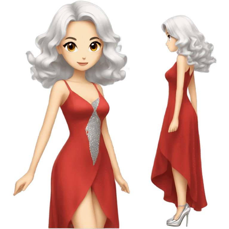 Beautiful anime woman wearing a red dress and silver high heels  emoji