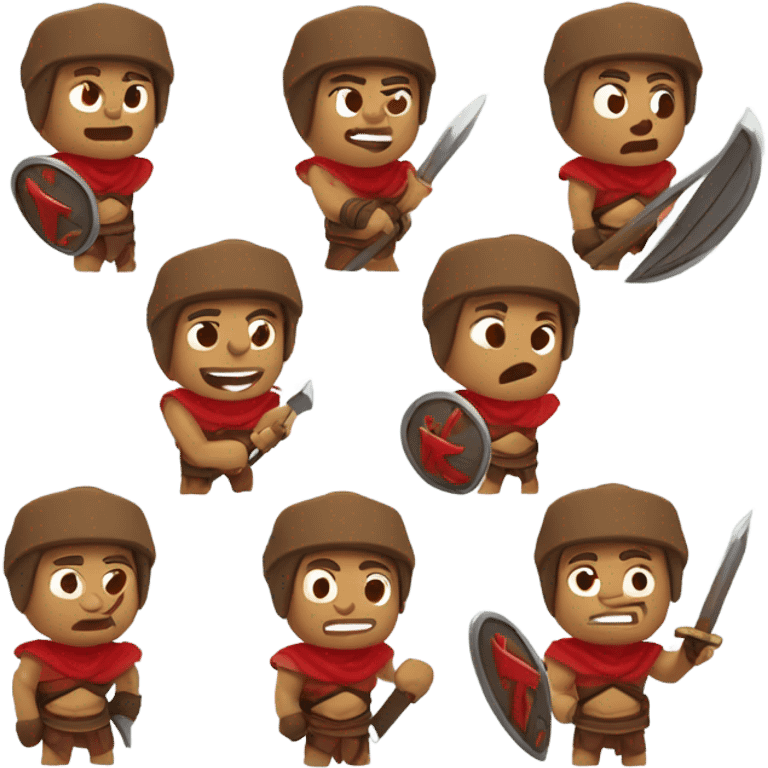 Design 4 Spartan warrior emotes with a red and brown theme: 'hi,' 'goal,' 'bye,' and 'wow' reactions emoji