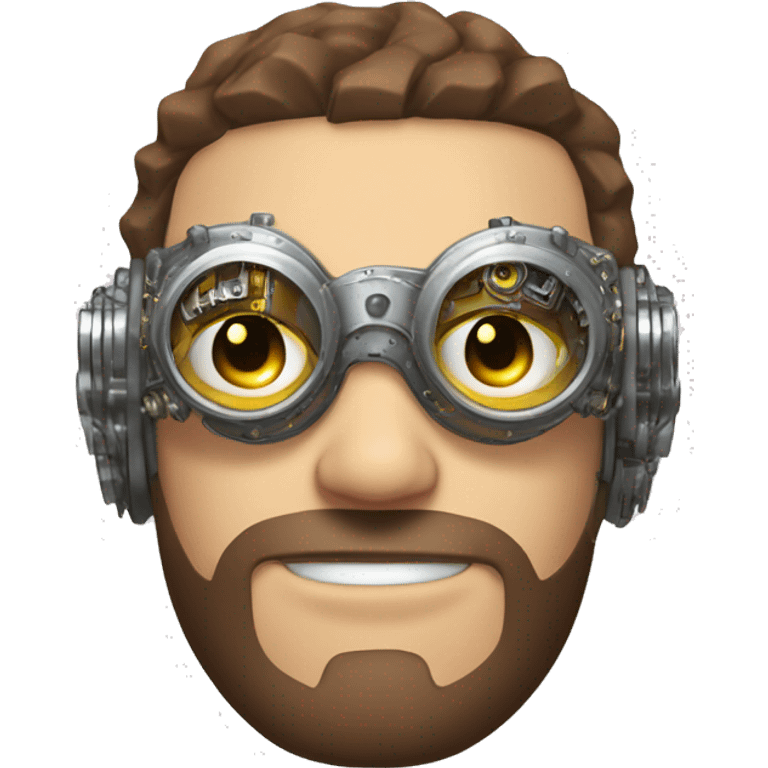 male cyborg head with brown short hair, brown beard, silver steampunk goggles and circuits emoji