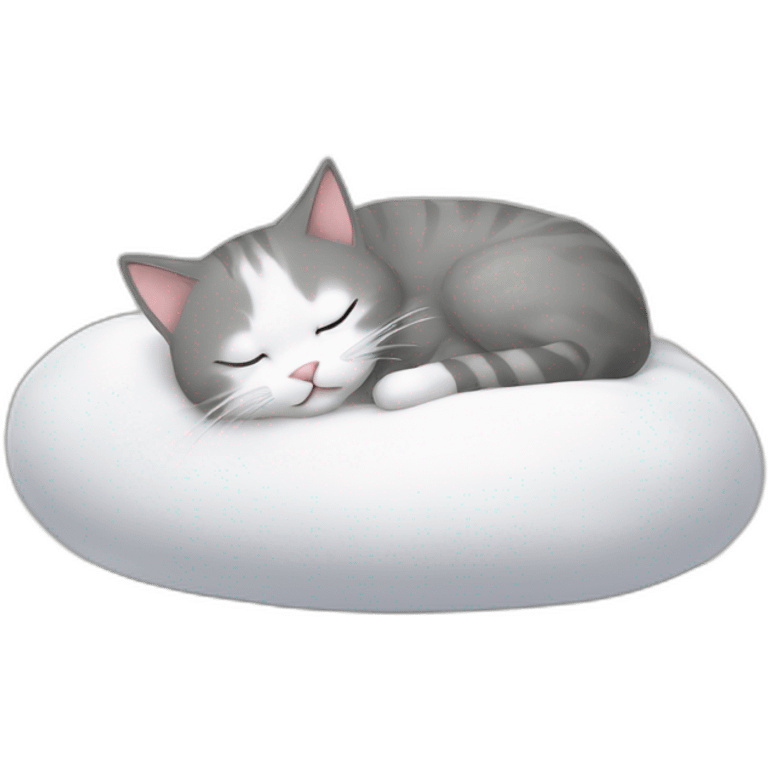 Grey and white cat sleeping on a pillole emoji