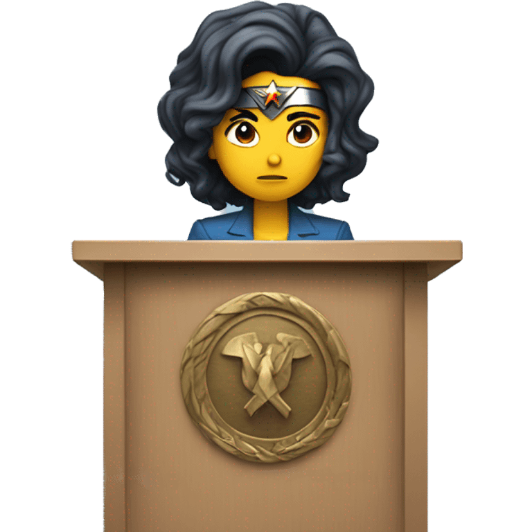 Gal godot wonder woman behind a podium giving a sad speech emoji