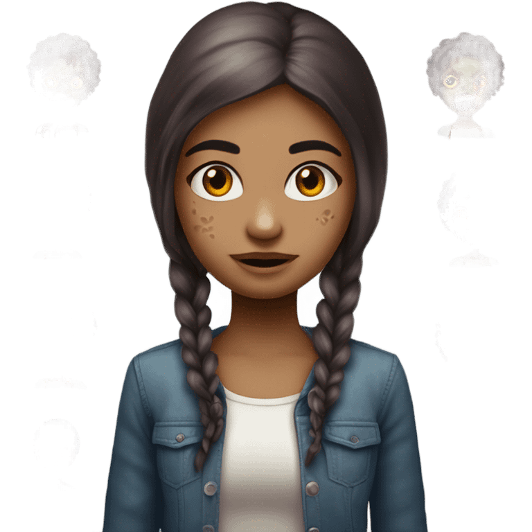 Uma menina de zumbi,olhos amendoados castanhos,boca rosada,sobrancelha meio grossa,cabelo castanho escuro longo emoji