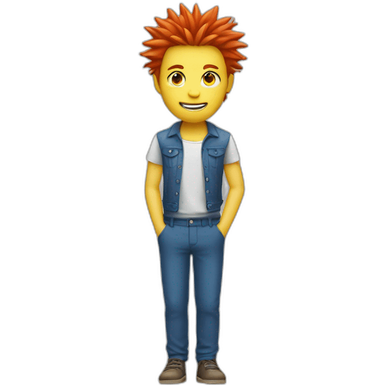 The person wears yellow, has spiky red hair, white skin, and blue eyes and pants emoji