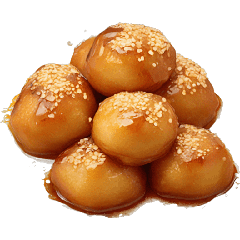 Greek loukoumades in a plate with honey drizzle and sesame seeds emoji