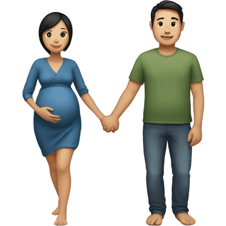 Pregnant Asian woman and her husband holding hands emoji