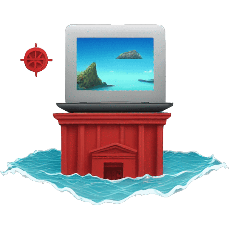 laptop and red shrine in the middle of the ocean emoji