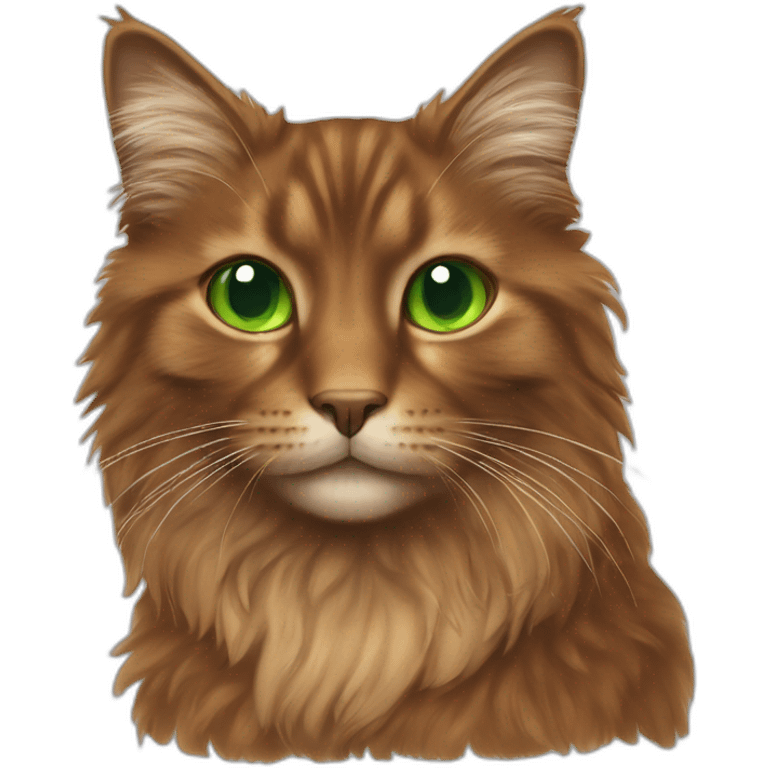 Brown fluffy cat with green eyes and and a sliver of orange fur at the top of her head emoji