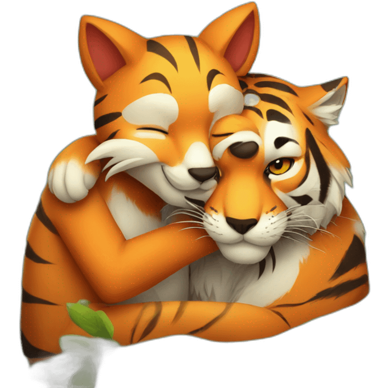 Tiger strongly hugs a fox emoji