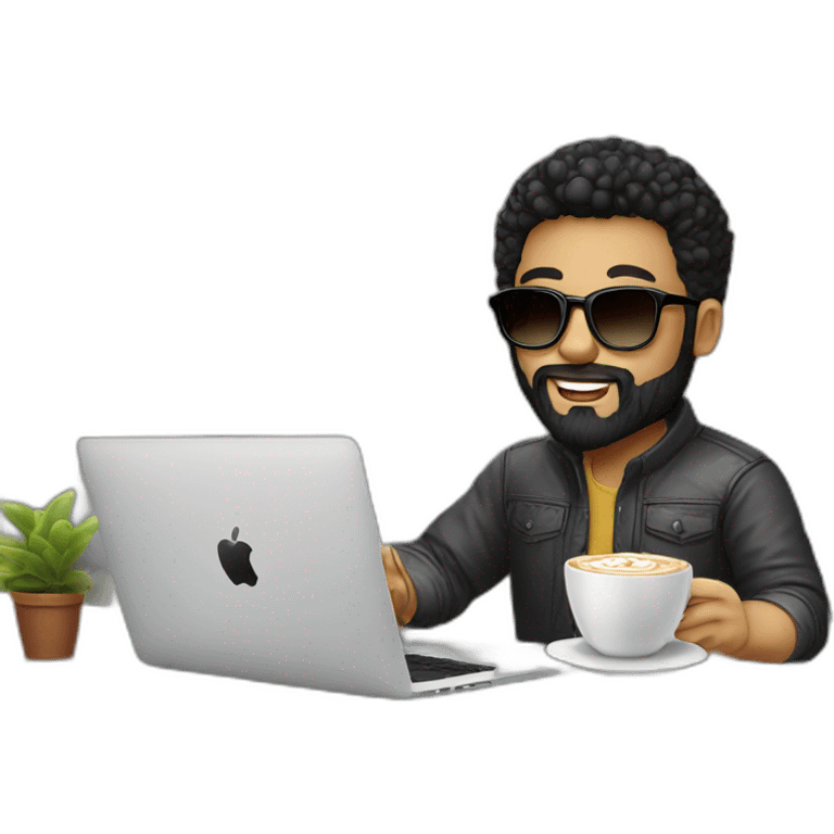 Designer with black hair, beard and round sunglasses working with MacBook and drinking cappuccino  emoji