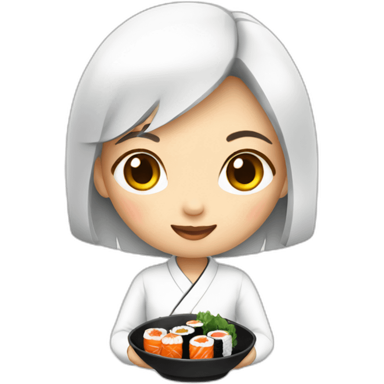 An Asian girl wearing a white top eating sushi emoji