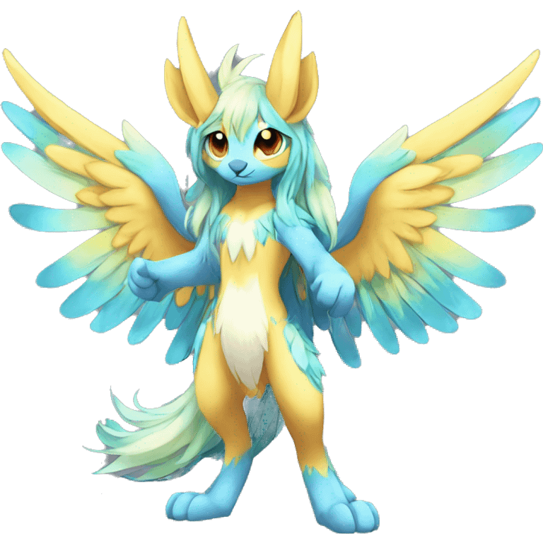 Anthro Sona Cool Cute Colorful Shy Winged Shiny Fakemon-Fantasy-Creature With Long Hair-Mane Full Body emoji