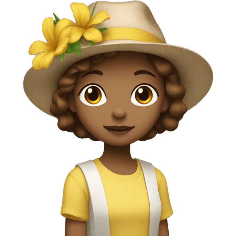 white skin, Girl with a flower in her hand, with a hat, shoulder-length brown straight hair, wearing a yellow pastel jumpsuit with white shirt in it emoji