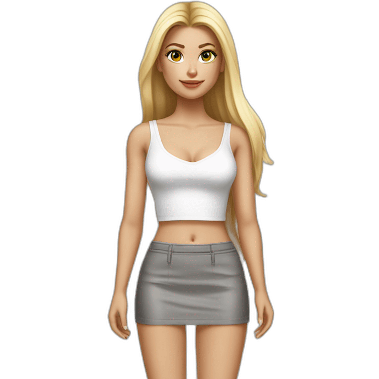 hyperrealistic caucasian blonde, long straight hair, white deep v-neck crop tanktop, gray tight mini skirt emoji