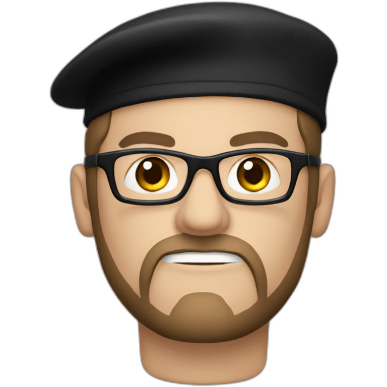 angry, caucasian, drummer man with a black beret, glasses, and black t-shirt with drummer emoji