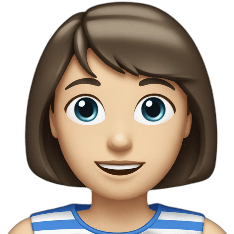 caucasian woman with dark brown hair a bob haircut, bangs, braces on teeth, blue and white striped t shirt emoji