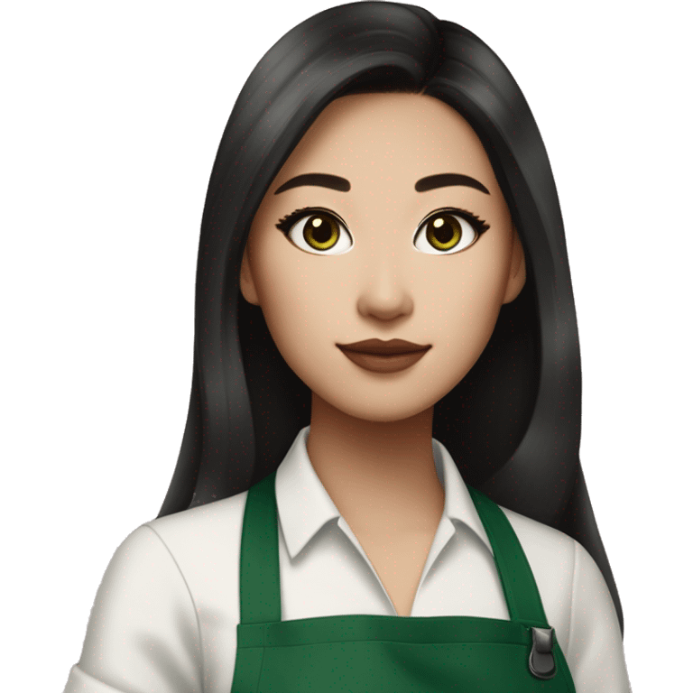 Beautiful and fashionable half white half asian (wasian) starbucks barista with green apron, long dark brown hair, cat eye makeup, light pink glossy lips and blush emoji