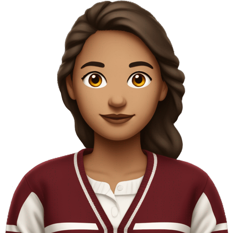 Girl with olive skin and brown hair wearing a dark red and white Harvard University sweater with the Harvard logo on it emoji