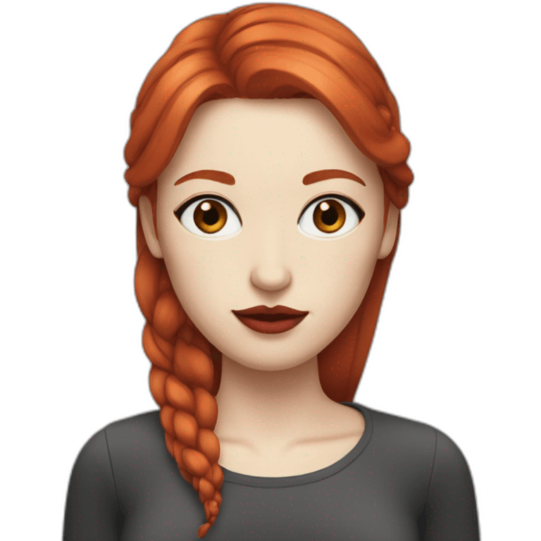 straight red hair,red lipstick,black eyes, white skin and a small nose emoji