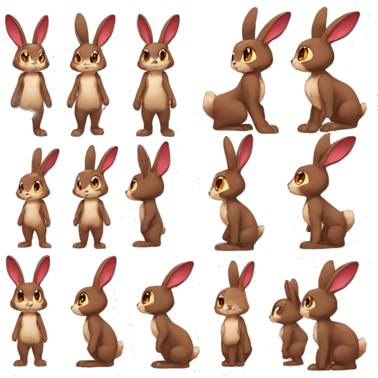 Cute, Anthro, Sona, Dark-Brown, Normal-type-Ground-type Tan-Rabbit-Fakémon with Dark-Red eyes, beige ears, beige belly, beige paws, beige feet, full body emoji