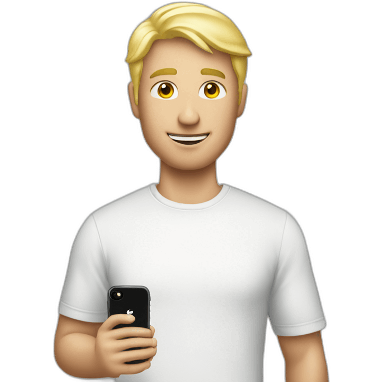 Blonde man wearing Apple logo shirt holding iphone emoji