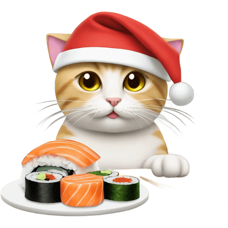 cat wearing a santa hat and eating sushi emoji