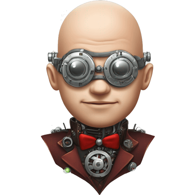 Bald cyborg head with red Mohawk, red beard. silver steampunk monocle goggles a smile and circuits emoji