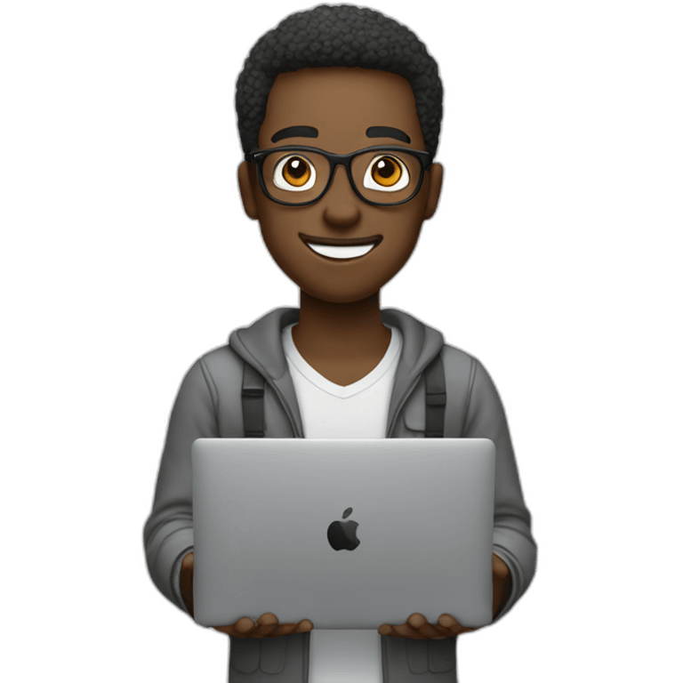 a black man with spec using macbook facing right smiling holding gadget emoji