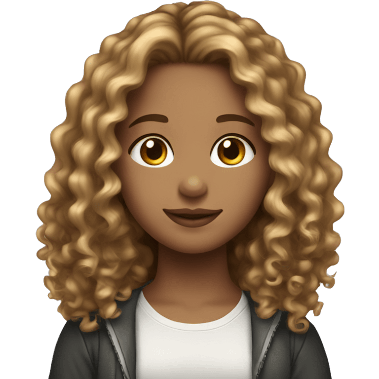 girl with brown curly hair and blonde highlights wearing a  emoji