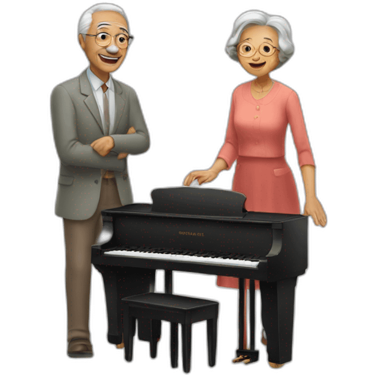 grandfather standing on a piano and a grandmother playing the piano emoji