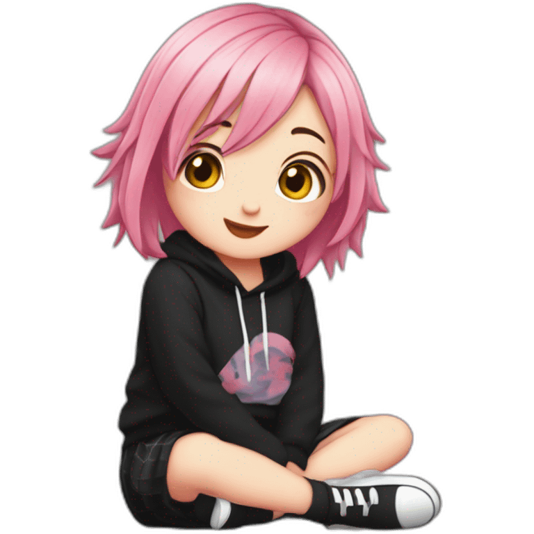 Full body Front view curvy emo girl pink hair sits on the floor straight view hands up black skirt белые трусики рваные полосатые чулки emoji