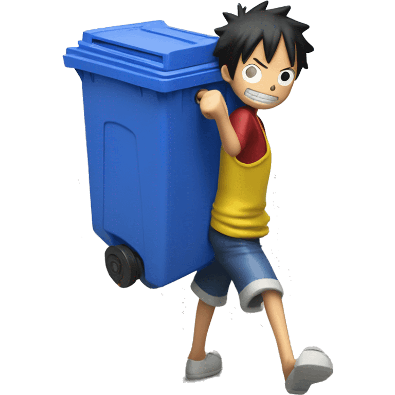 Luffy from one piece taking out his recycling bin, which has a blue body and yellow lid. He is dragging the bin outside emoji