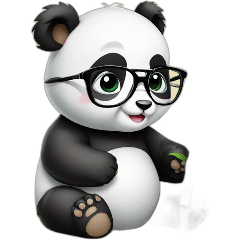 baby panda eating bamboo wearing glasses sitting on books emoji