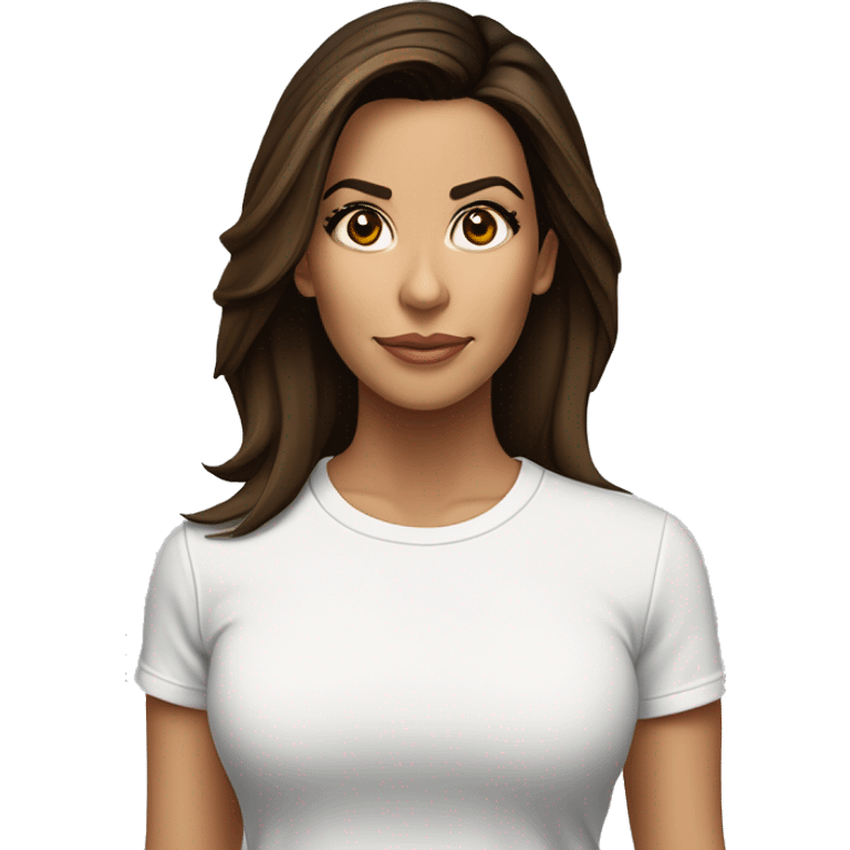 3/4 face, contrasted, shadow, light, Eva Longoria expression, standing from a distance, thin nose, brunette woman, hazel eyes, long eyelashes, dark shoulder shaded hair, white t-shirt, jeans, white sneakers emoji