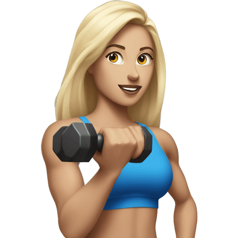 blonde woman working out with a blue shorts and black tank top and she is holding a dumbell emoji