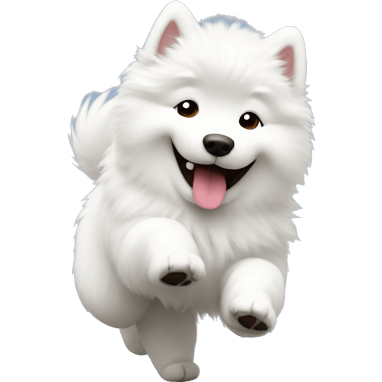 A white fluffy samoyed doing a happy dance ￼ emoji