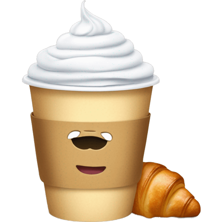 Disposable cup with cappuccino and croissant emoji