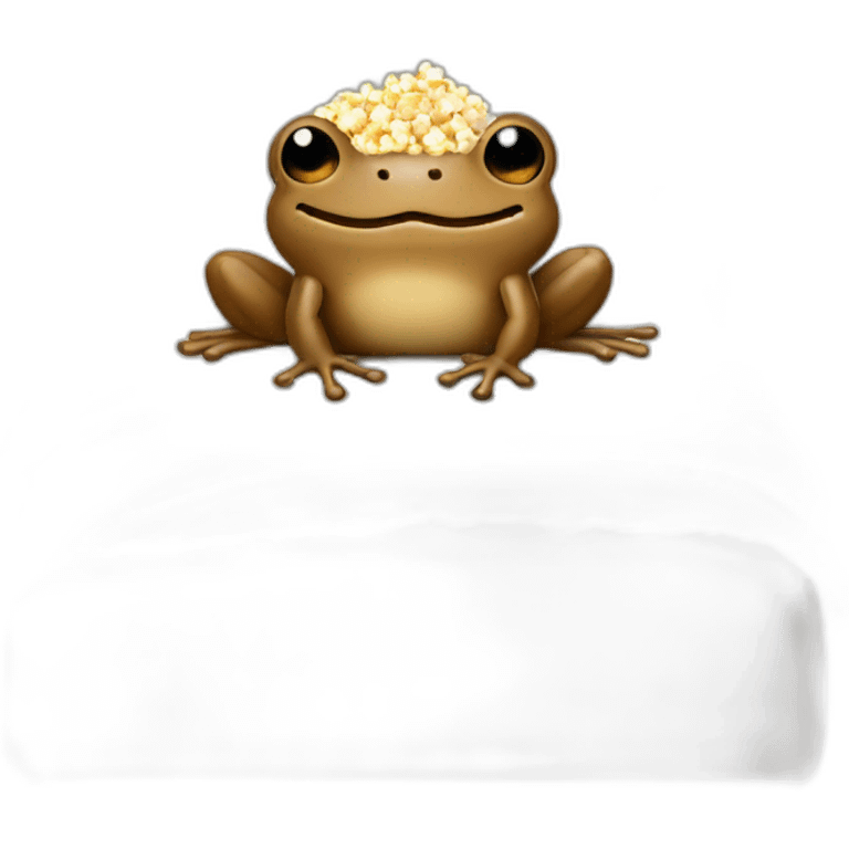 brown frog on bed with popcorn emoji