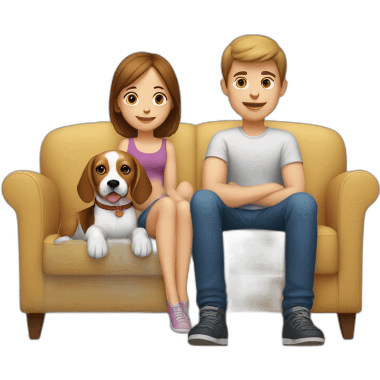 Brown hair White boy and girl and beagle Sit on couch emoji