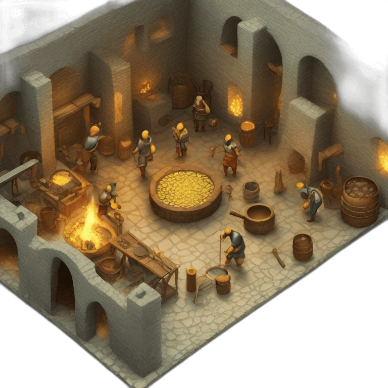 open floor plan of a medieval mint showing different people working, one person on the furnace, some people molding liquid gold into coins emoji