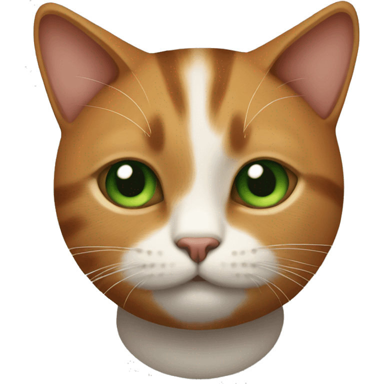 Cat with a Ginger brown and black colour with a green eyes. Fat body and small head emoji