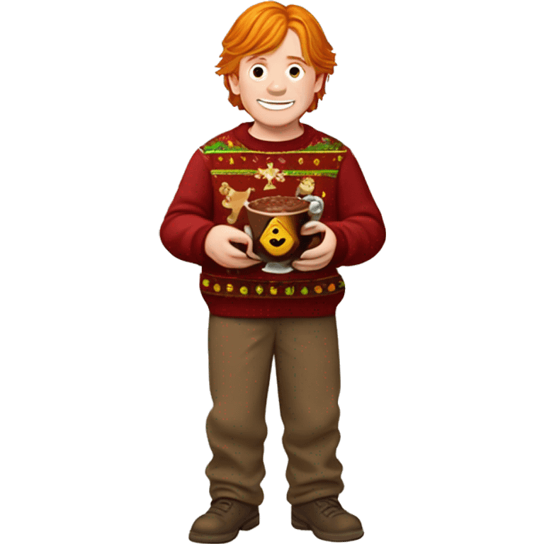 Ron Weasley in a bright Christmas sweater, grinning with a chocolate frog in hand, surrounded by holiday candies emoji