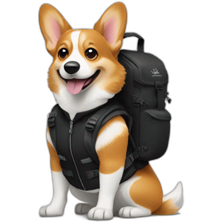 Corgi wearing an arcteryx black jacket with an opsrey backpack and blundstonez emoji