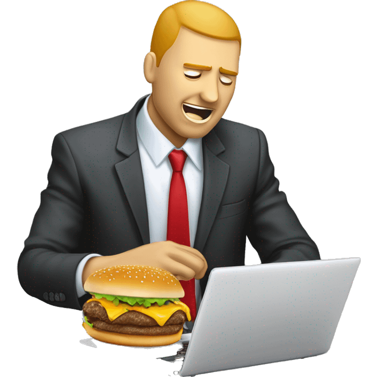 A business man in a suit eating a messy cheeseburger that is dripping onto his laptop like he doesn't care because lunch is more important than work. emoji