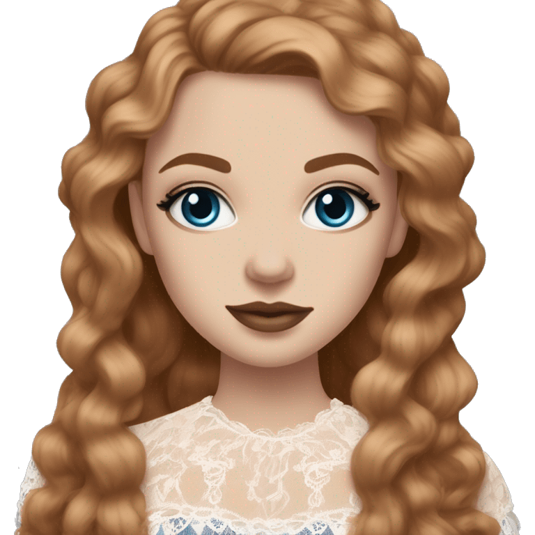 White girl with long hair a mix between dark ginger and dark blonde. Blue eyes long eyelashes rose cheeks and nude lipstick and bold eyeliner. Wearing frilly blouse with puff sleeves and lace emoji